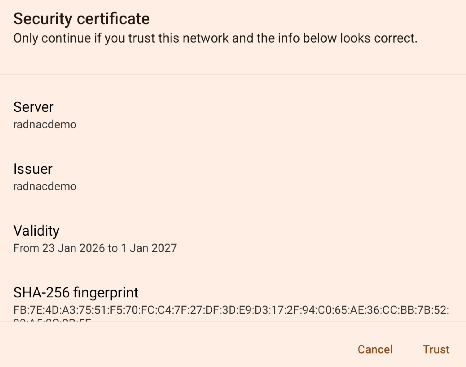 Configuring Android to trust the server certificate